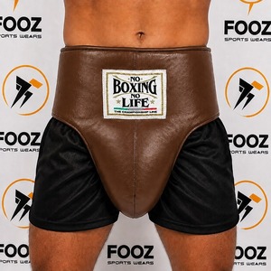 Professional Boxing Shorts with Brown Protective Groin Pad <b>Black</b> Side Panels for Training Sparring and Ring Competition - Product Image 1