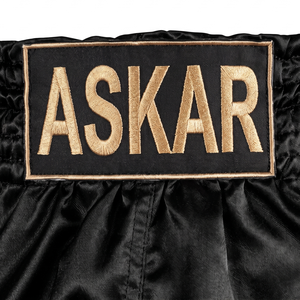 Shorts de boxe Askar unisexe noirs, séchage rapide, respirants, légers, en coton/polyester, vêtements d'arts martiaux pour adultes, coupe ample, logo sur le devant - Product Image 3