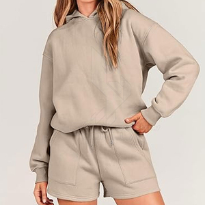Ensemble sweat-shirt à capuche gris pour femme, manches longues, couleur unie, tricot en coton, short, tenue décontractée printemps-été - Product Image 5