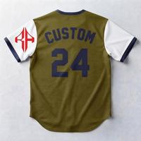 Maillot de baseball vert olive avec impression sublimée pour homme, 100% matériau de haute qualité, coupe classique, manches courtes, logo blanc, fermeture à boutons