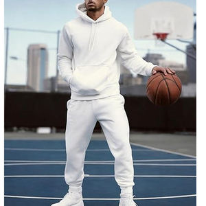 Ensemble de survêtement blanc à capuche pour homme, sweat-shirt et pantalon de jogging en coton longs avec poches latérales, tenue décontractée pour l'automne - Product Image 1