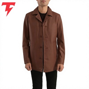 Abrigo Largo de Cuero Genuino para Hombre, Cuello Vuelto, Cierre de Botón, Corte Regular, Color Marrón - Product Image 1