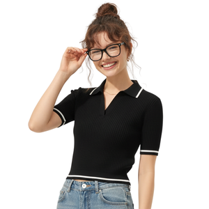 Polo de Manga Corta para Mujer, Tejido de Punto Acanalado, con Ribete en el Cuello en Contraste, Moda Casual Moderna, Proveedor Mayorista de Marca Privada - Product Image 1