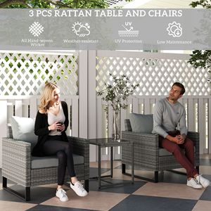 Set Bistrot in Vimini Grigio 3 Pezzi con Cuscini, Sedie in Rattan e Tavolino in Vetro per Arredamento da Giardino, Veranda o Balcone - Product Image 4