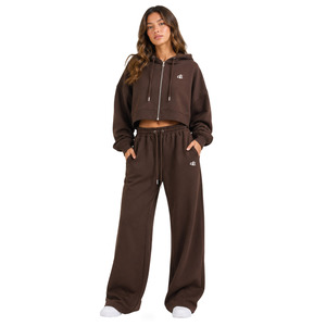 Ensemble de survêtement pour femme avec sweat à capuche court zippé marron chocolat et pantalon à jambe large en molleton de coton GSM, coupe ample, personnalisable, direct usine, OEM - Product Image 1