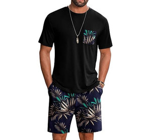 Breathable casual outfit <b>Knitted</b> solid color <b>set</b> Summer comfort wear Crew neck t-shirt shorts Comfortable men's <b>set</b> - Product Image 1