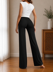 Pantalones Anchos de Cintura Alta para Mujer, Color Negro Sólido, Corte Holgado, Cintura Elástica, Estilo Minimalista, Transpirables para Otoño - Product Image 4