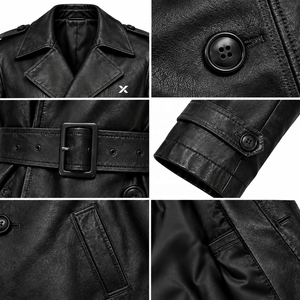 Manteau trench en cuir véritable pour homme |   Noir Brun Ivoire |   Fabricant OEM ODM |   Conception de qualité supérieure |   Vêtements en cuir | - Product Image 4