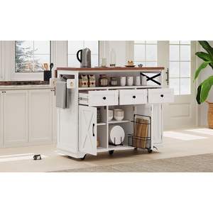 K & K 46,5 ''White Farmhouse Kitchen Island Cart 3 puertas 3 cajones Estante de hierro Ruedas rodantes Drape Beads Toma de corriente Drop Kitchen - Product Image 3