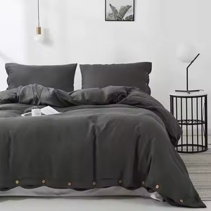 Ensemble de couette 4 pièces gris foncé uni hypoallergénique avec boutons-pression, ensembles de couette simples - Product Image 1
