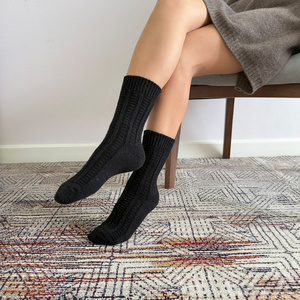 Wholesale Black Ribbed Crew <b>Socks</b> 100% Mongolian Sheep Wool Knitted <b>Winter</b> Warm Thick Vertical Stripe <b>Socks</b> for Women - Product Image 5