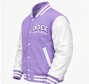 Chaqueta Varsity Morada para Hombre INDEX con Mangas Blancas, Logotipo Bordado, Cuello Camisero y Cierre de Botones, para Otoño - Product Image 5