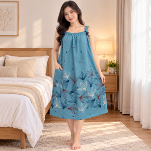 Chemise de nuit sans manches pour femme, col carré, longueur genou, imprimé floral, 100 % rayonne, séchage rapide, taille élastique, tenue décontractée - Product Image 2