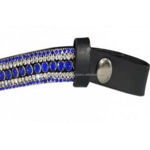 Bande de front de cheval en cuir de selle noir en forme de vague chaîne en métal de cristaux bleu royal à 5 rangées avec boutons-pression réglables extrémité de boucle - Product Image 3
