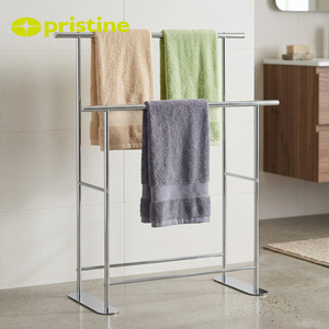 Freestanding Chrome Towel <b>Rack</b> Double Layer Steel Bathroom Towel Holder Minimalist Design 2 Bars - Product Image 5