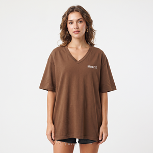 T-shirt personnalisé en coton épais pour femme, col en V, coupe oversize, uni, manches courtes, style streetwear décontracté, vente en gros - Product Image 5