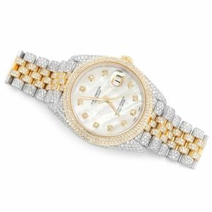 Montre de luxe Shanghai à mouvement quartz, style diamant, avec moissanite, cadran en nacre, bicolore or, verre serti, pour hommes et femmes - Product Image 6