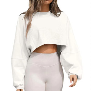 OEM Service Winter Custom Logo <b>White</b> <b>Cropped</b> <b>Long</b> <b>Sleeve</b> Pullover Sweatshirt Crewneck Breathable Eco-Friendly Fleece Women - Product Image 5
