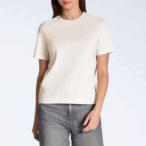 T-shirt pour femme en coton 100% crème, col rond, coupe classique, manches courtes, style minimaliste uni, respirant, tissu jersey, toutes saisons - Product Image 1