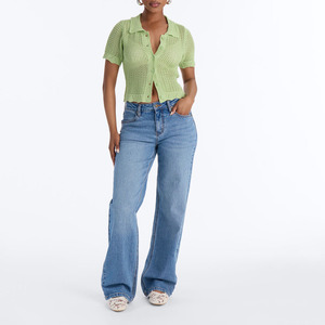 2026 Trendy Casual Mesh <b>Cardigan</b> Women's Light Green Knitted <b>Short</b> <b>Sleeve</b> <b>Cardigan</b> With Button Closure Turn-down Collar Summer - Product Image 4