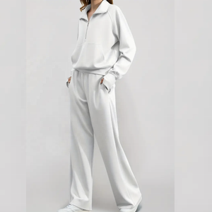 Conjunto de pantalones y top de manga larga con media cremallera informal para mujer, Sudadera con capucha y pantalones holgados de color sólido con media cremallera - Product Image 3