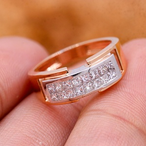 Anillo de compromiso de banda ancha con diamantes naturales de corte princesa en oro rosa macizo de 18 quilates de dos tonos, joyería fina para mujer, venta al por mayor - Product Image 3