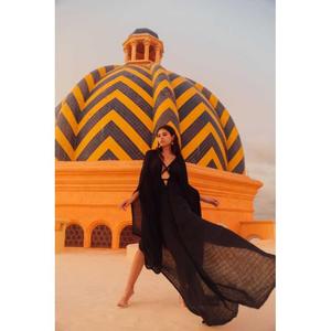 Boho Criss-Cross <b>Neck</b> Pleated Floor-Length A-Line Three Quarter Regular Fit Knitted Solid Color Summer Holiday Celebration <b>Wrap</b> - Product Image 4