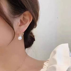Freshwater Pearl <b>Stud</b> <b>Earrings</b> with Korean Celebrity Style Gold Rabbit Ear Inlaid New <b>Fashion</b> with Gold Accent - Product Image 3