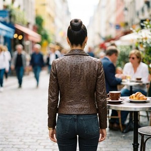 Cow Skin Embossed <b>Leather</b> <b>Jacket</b> | Modern Bespoke Biker Coat | Women's Luxury Textured Eco-Friendly Breathable Quilted <b>Winter</b> - Product Image 2