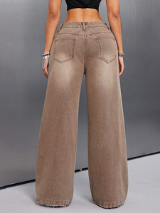 Jean en denim taille haute à jambe large pour femme, en coton délavé, longueur intégrale, décontracté, pour l'automne - Product Image 3