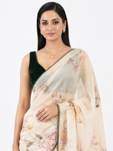 Elegant Cream Digital Print Silk Saree <b>Green</b> <b>Velvet</b> Blouse for Women India Pakistan Wedding Wear In-Stock Bollywood Style Midi - Product Image 1