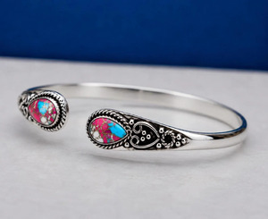 Vintage 925 Silver Cuff <b>Bracelet</b> With Natural Stone Inlay Flower Pattern For Women's Everyday Wear - Product Image 3