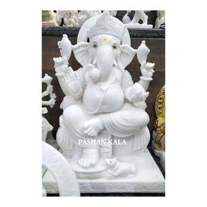 Escultura de Mármol Blanco Puro del Dios Ganesh Sentado Sobre una Flor de Loto, Diseño Clásico Hecho a Mano, Muy Atractiva, Ideal para Templos y Culto - Product Image 1