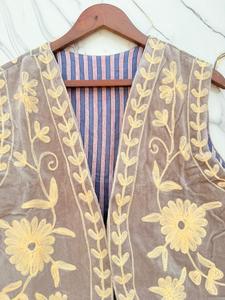 Suzani Brown Velour Floral Hand Embroidered Lightweight Short <b>Vest</b> Coat for <b>Women</b> Pullover Crew Neck Casual Boho Ethnic - Product Image 2
