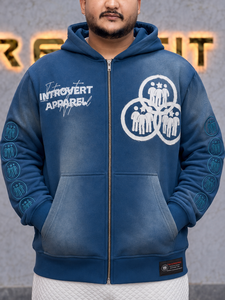 Sweat à capuche zippé bleu pour homme Rexfit Sports, en molleton French Terry, style streetwear, avec logo frontal et patchs sur les manches, fermeture éclair. - Product Image 3