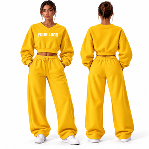 Nuevo Conjunto Deportivo de Invierno para Mujer, Sudadera Corta con Cuello en V, Pantalones Anchos, Felpa de Algodón, Personalizable - Product Image 1