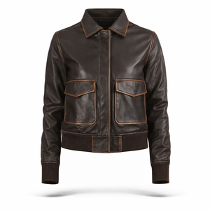 แจ็คเก็ตหนังแท้สีน้ำตาลสไตล์ไบค์เกอร์สำหรับผู้หญิง งานฝีมือแบบดิสเทรส ซิปกันน้ำ แขนเสื้อแบบควิลท์ แต่งลายเรโทร ผลิตแบบ OEM ODM - Product Image 1