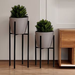 Minimalist Eco-Friendly Durable Flower <b>Stands</b> with Gray Ribbed Planters Black Metal Frame Indoor Use for Green <b>Plants</b> Home Decor - Product Image 1