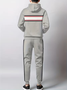 Men's Gray Hooded Sweatshirt Jogger Set Striped Casual Autumn Wear Knitted Cotton Fleece Outfit - Product Image 2