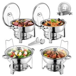 Set Chafing Dish in Acciaio Inossidabile da 5 Qt, 4 Pezzi, con 4 Pentole Grandi e Coperchio in Vetro per Catering, Controllo Manuale della Temperatura - Product Image 1