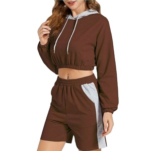 Women's <b>Brown</b> Hooded Crop <b>Top</b> & Shorts Set With Side Stripe Sporty 2 Piece Outfit Spring Summer Knitted Spandex Polyester - Product Image 4