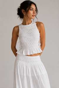 Ensemble deux pièces en coton blanc pour femme, haut smocké à volants et jupe longue étagée, style bohème d'été pour la plage, taille empire, coupe trapèze - Product Image 2