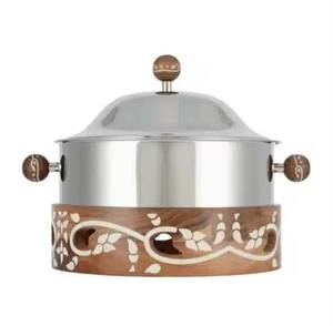 Artisan Floral Inlay Casserole Premium Food <b>Warmers</b> Round Wood & Stainless Steel <b>Buffet</b> Server with Decorative Leaf Carving - Product Image 1