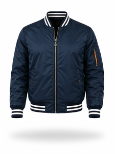 Blouson bomber bleu marine pour homme, col rabattu, fermeture éclair, style décontracté, matière polyester, vêtement d'automne - Product Image 1