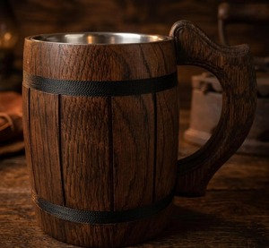 Chope à boire en bois de style Viking, fabriquée à la main : Chope rustique Viking avec doublure en acier inoxydable - Product Image 3