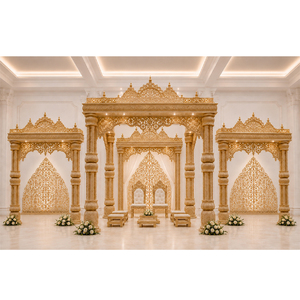 Mandap Haveli para Bodas Indias con Tres Pilares de Madera, Mandap Kalyana de Madera de Lujo, Estilo Templo del Sur de la India, para Bodas en EE. UU. - Product Image 1