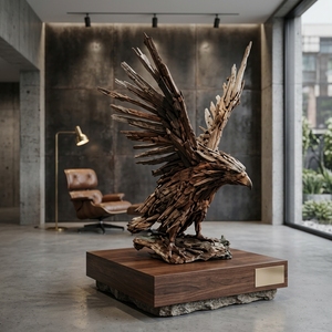 Sculpture d'aigle en bois artisanale, rustique, en teck et bois flotté, avec ailes écartées, pour décoration de sol, articles de décoration. - Product Image 2