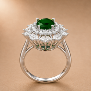 Lab Green Emerald & Lab Grown Diamond <b>Cocktail</b> <b>Ring</b> 14KT White <b>Gold</b> Oval Emerald Floral Halo Statement <b>Ring</b> OEM ODM Fine Jewel - Product Image 5