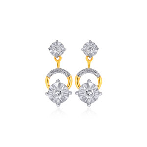 Boucles d'oreilles pendantes élégantes bicolores dorées à motif floral avec grandes pierres rondes transparentes scintillantes et design à maillons circulaires incurvés - Product Image 1