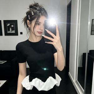 2026 Summer Eco-Friendly Logo Print Petal Hem Loose Fit Knit T-shirt <b>Top</b> Daily Casual Outfit for Fashion Women - Product Image 4